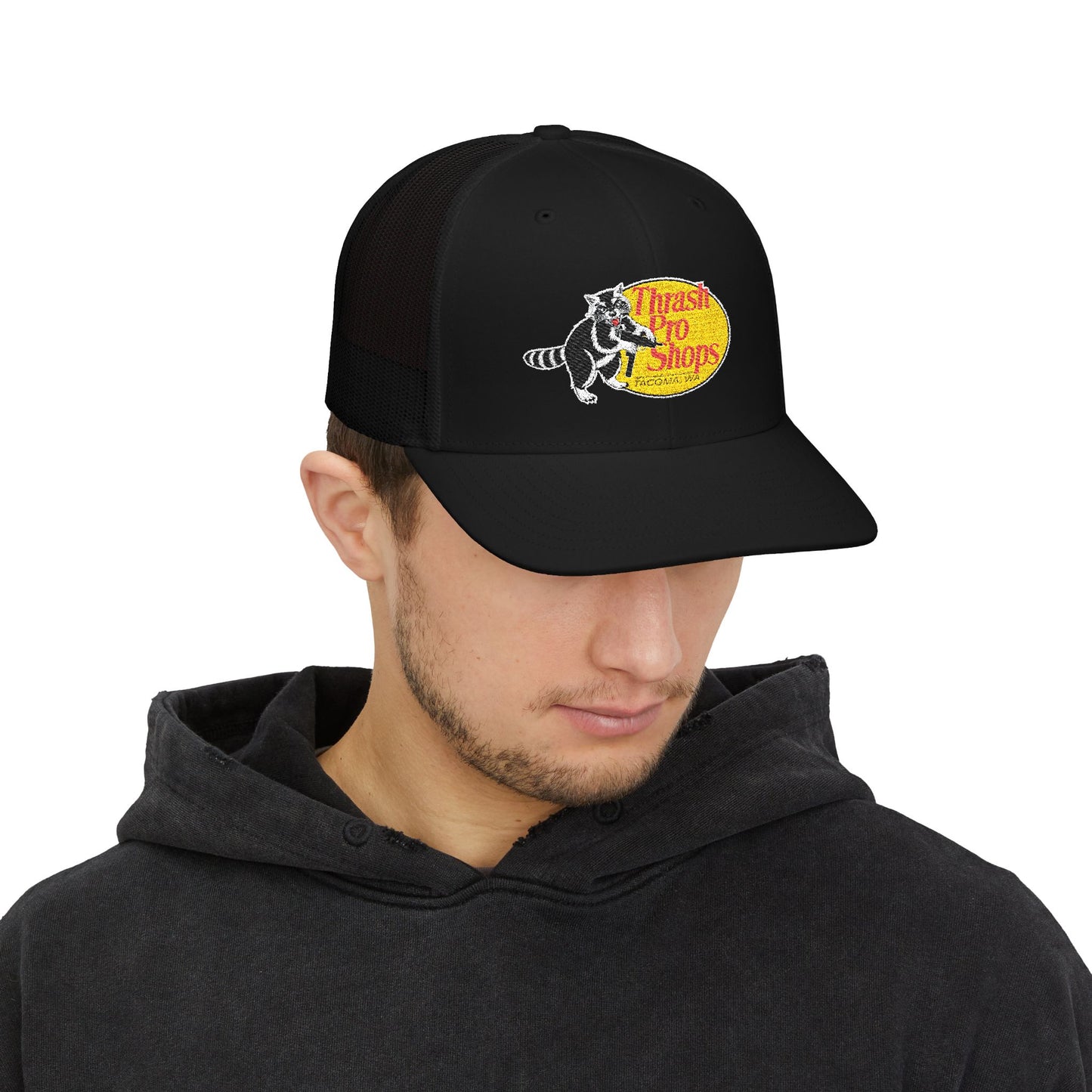 Snapback Trucker Cap – Vintage 'Thrash Pro Shops' Raccoon Logo Hat